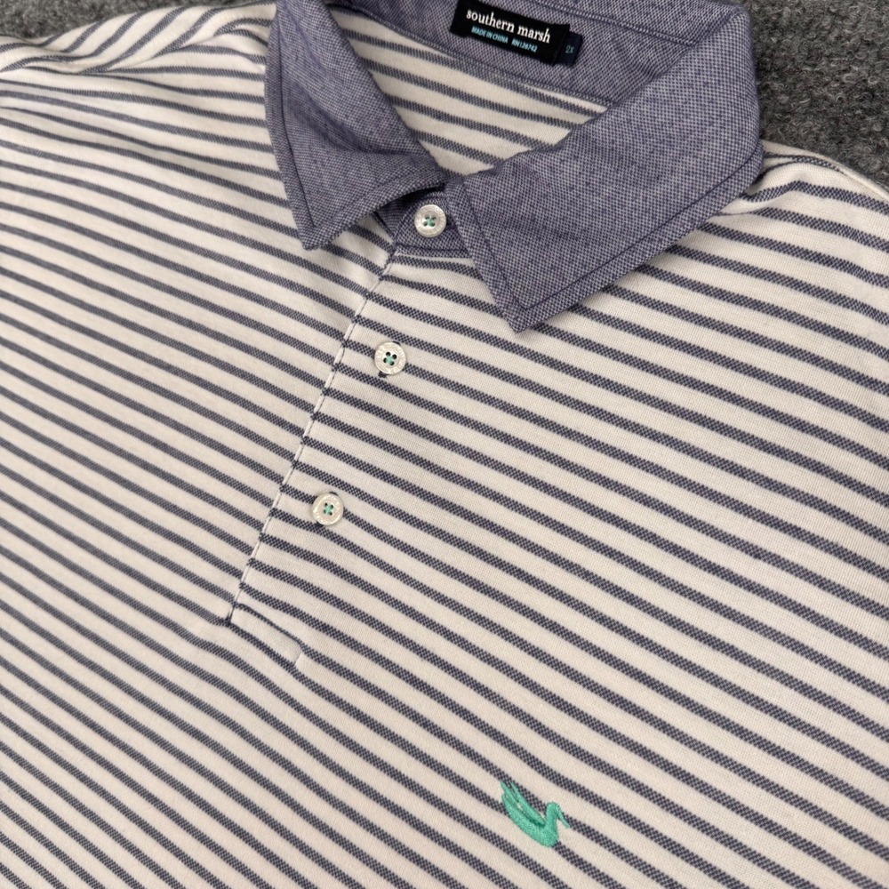 Southern Marsh Polo Shirt Men 2X Classic Fisherman Cotton Striped Blue Short Slv